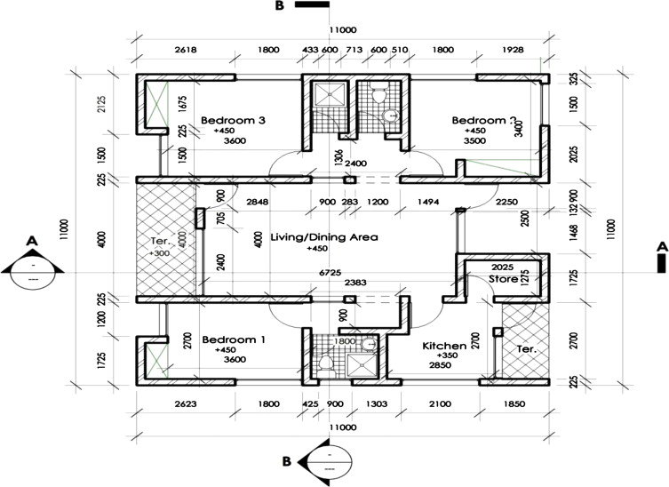 Typical floor plan of a 3-bedroom bungalow in one of the housing