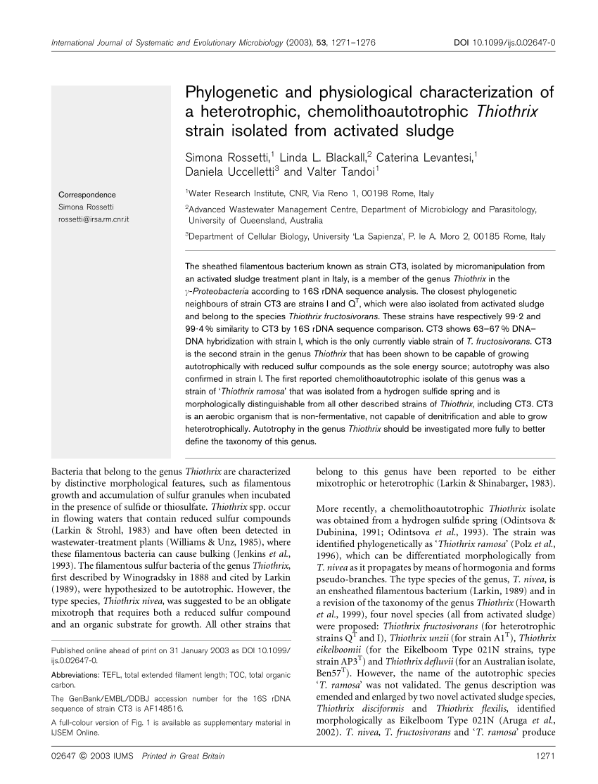 Pdf Phylogenetic And Physiological Characterization Of A Heterotrophic Chemolithoautotrophic Thiothrix Strain Isolated From Activated Sludge