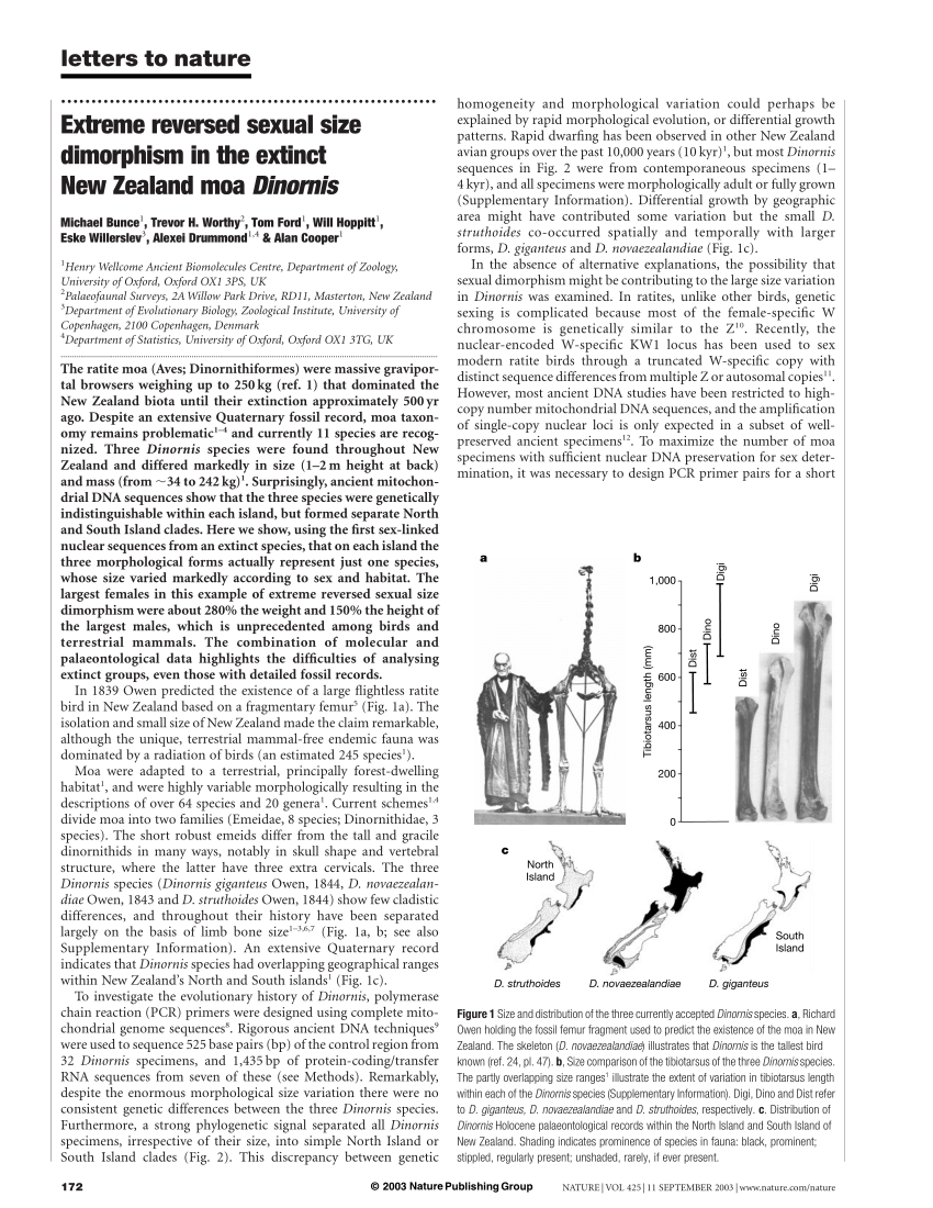 Pdf Extreme Reversed Sexual Size Dimorphism In The Extinct New Zealand Moa Dinornis