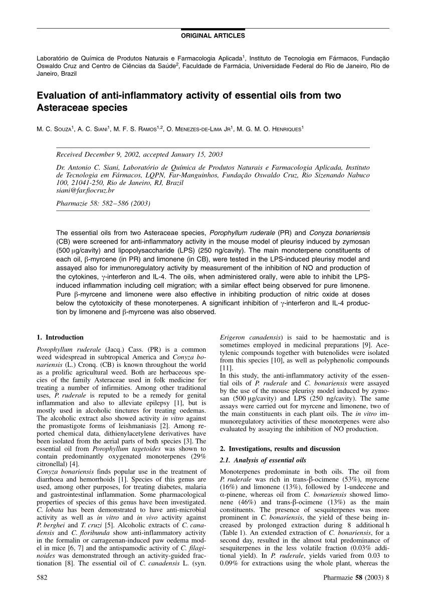 Pdf Evaluation Of Anti Inflammatory Activity Of Essential Oils From Two Asteraceae Species