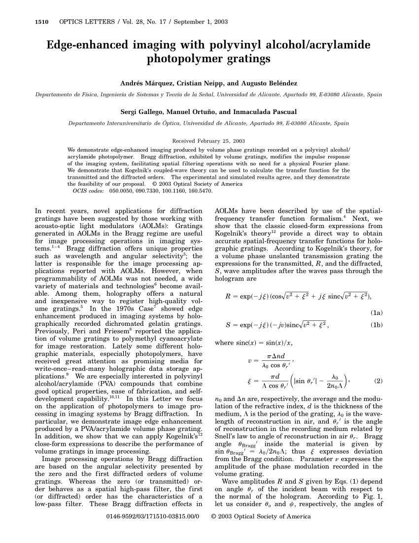 Pdf Edge Enhanced Imaging With Polyvinyl Alcohol Acrylamide Photopolymer Gratings