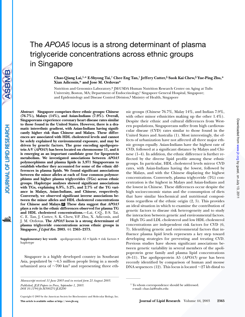 Pdf The Apoa5 Locus Is A Strong Determinant Of Plasma Triglyceride Concentrations Across Ethnic Groups In Singapore