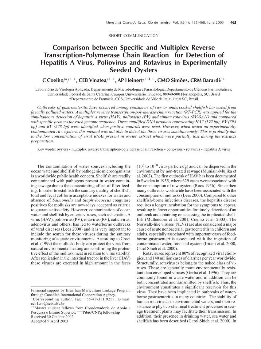 Pdf Comparison Between Specific And Multiplex Reverse Transcription Polymerase Chain Reaction For Detection Of Hepatitis A Virus Poliovirus And Rotavirus In Experimentally Seeded Oysters