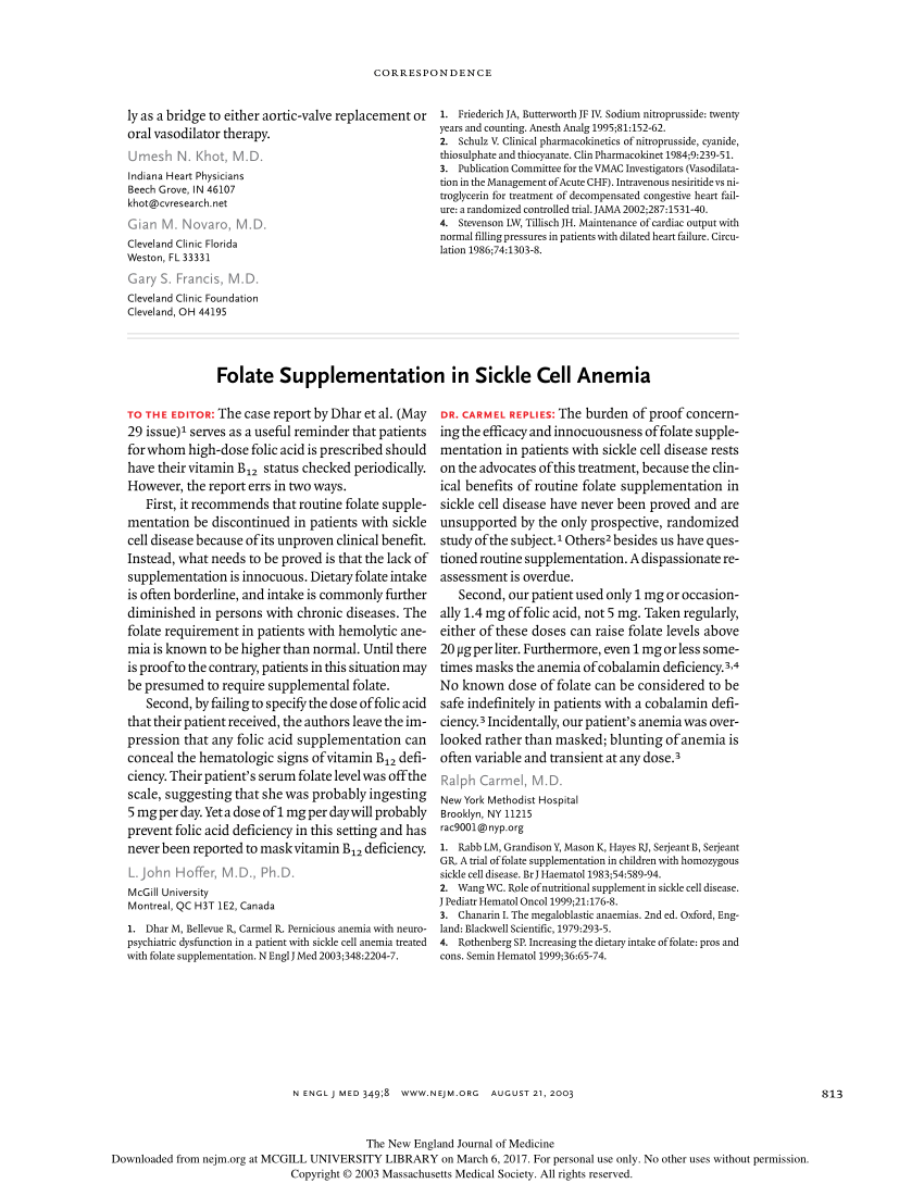 Pdf Folate Supplementation In Sickle Cell Anemia