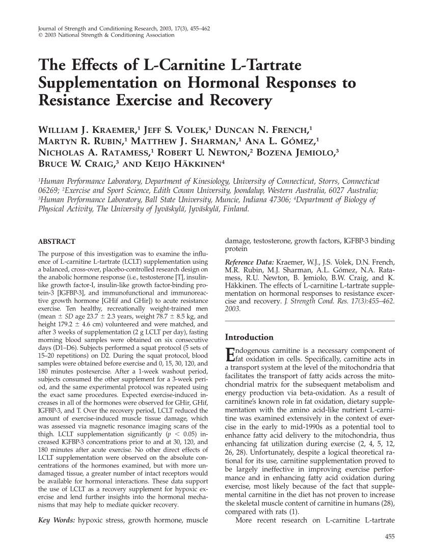 Pdf The Effects Of L Carnitine L Tartrate Supplementation On Hormonal Responses To Resistance Exercise And Recovery