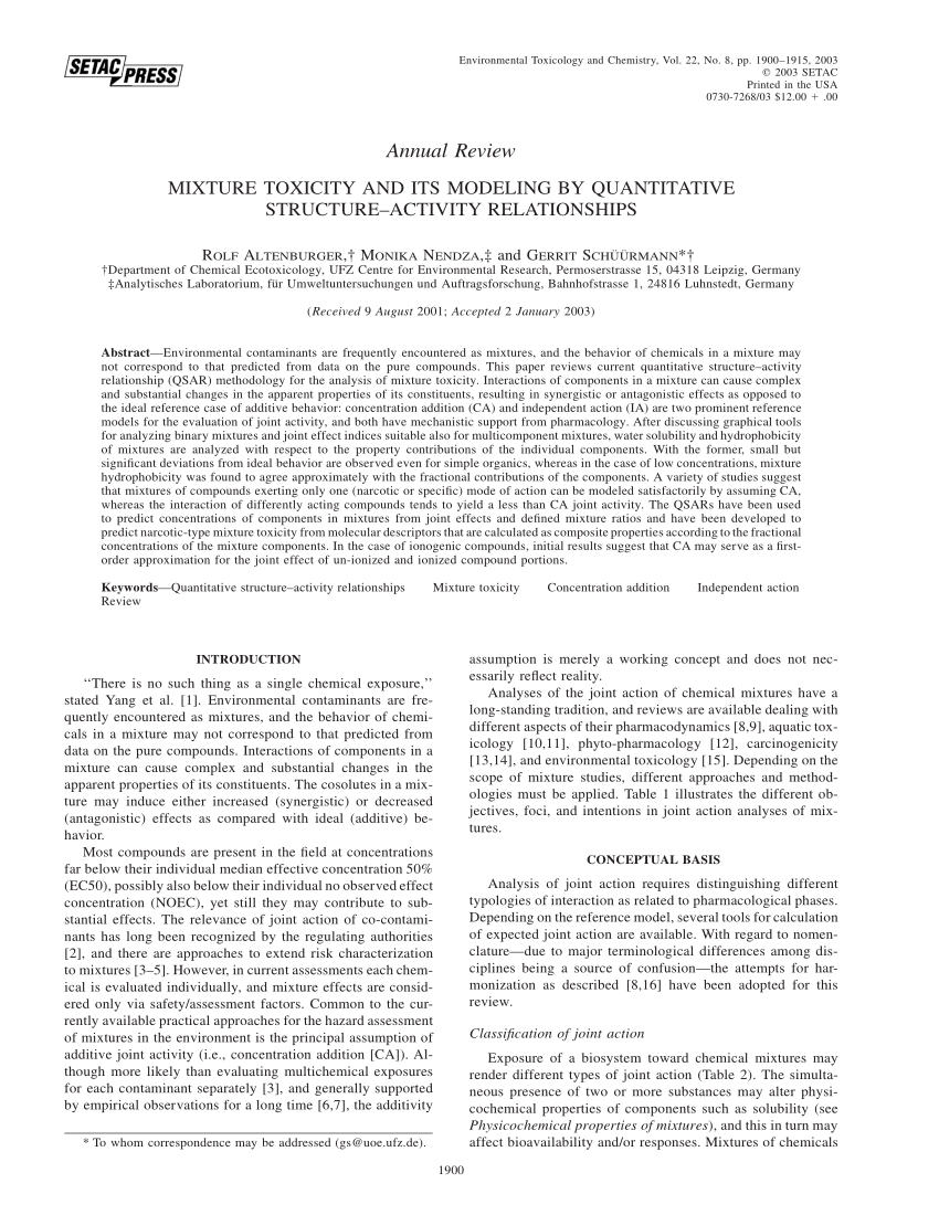 Pdf Mixture Toxicity And Its Modeling By Quantitative - 