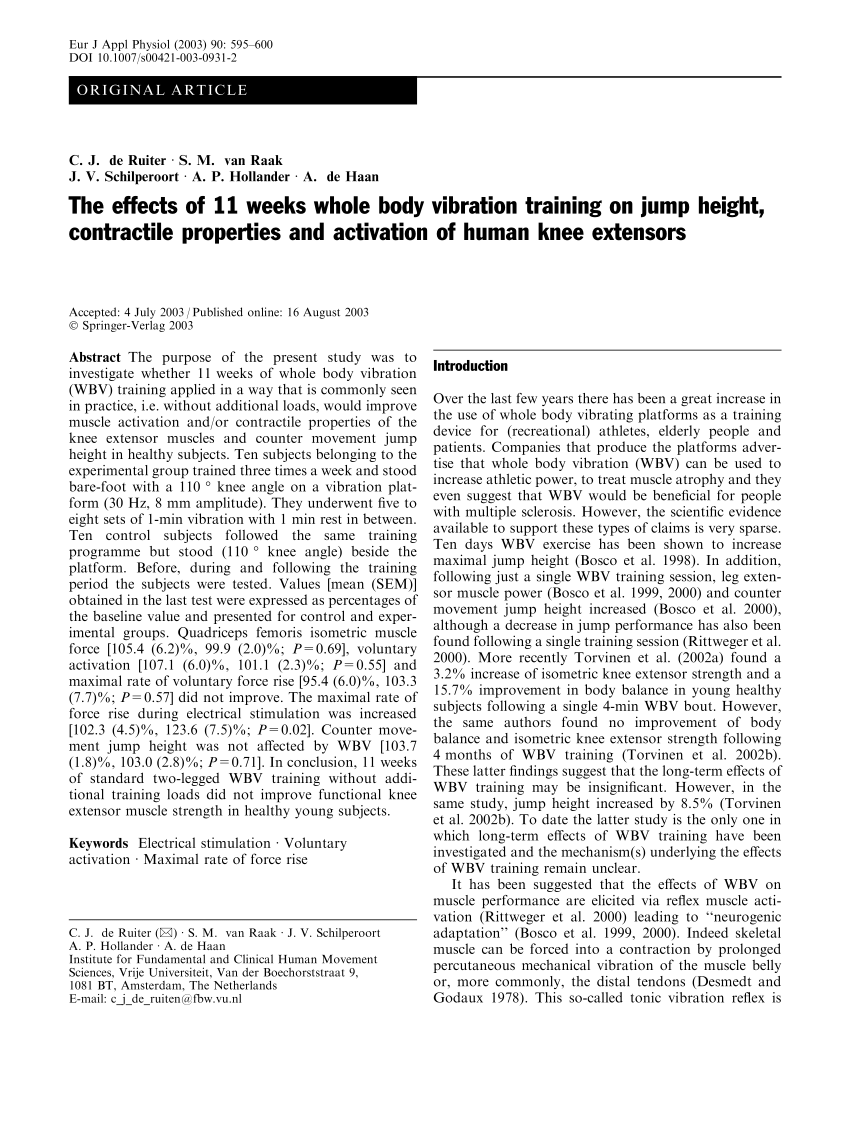 Pdf The Effects Of 11 Weeks Whole Body Vibration Training On Jump Height Contractile Properties And Activation Of Human Knee Extensors