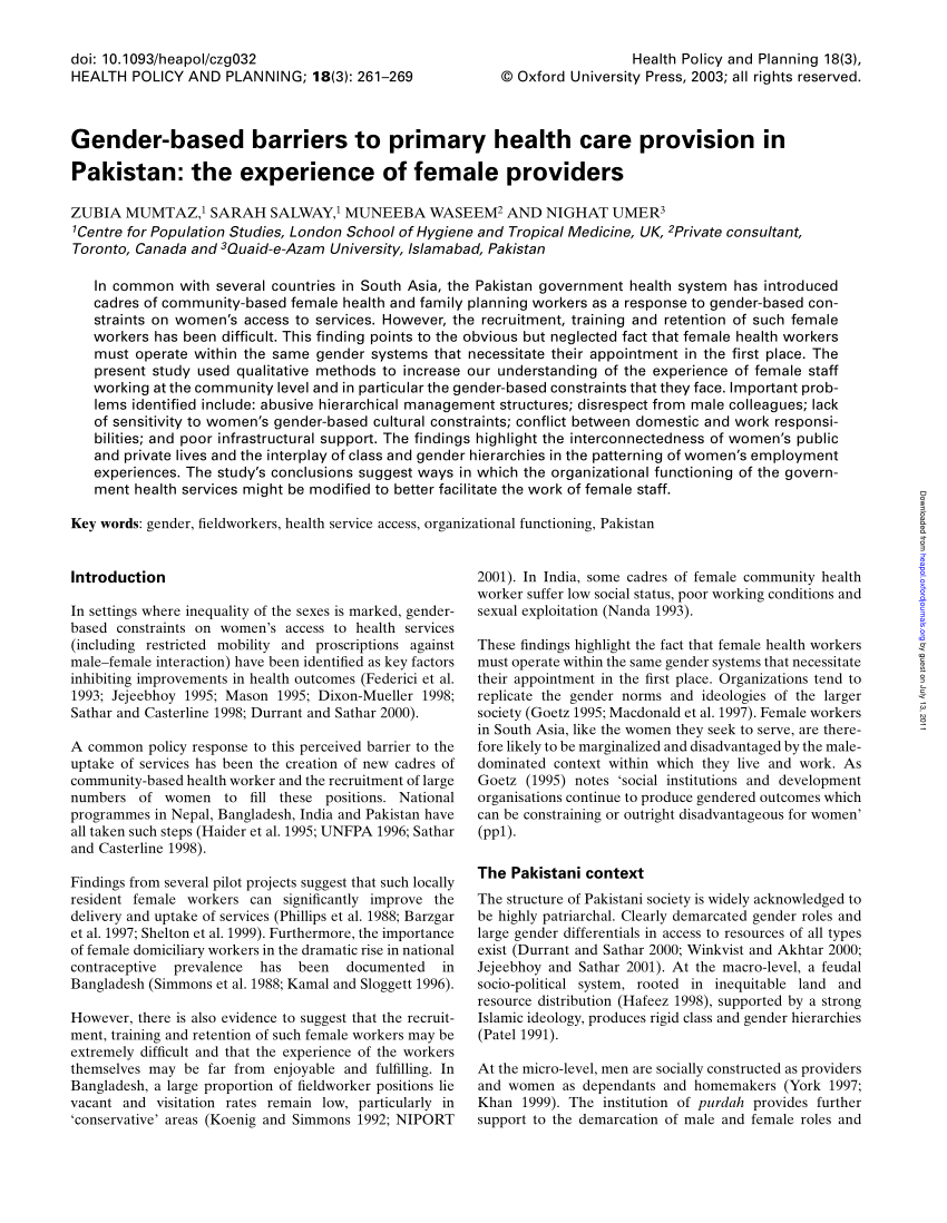 PDF) Gender-Based Barriers to Primary Health Care Provision in Pakistan The Experience of Female Providers
