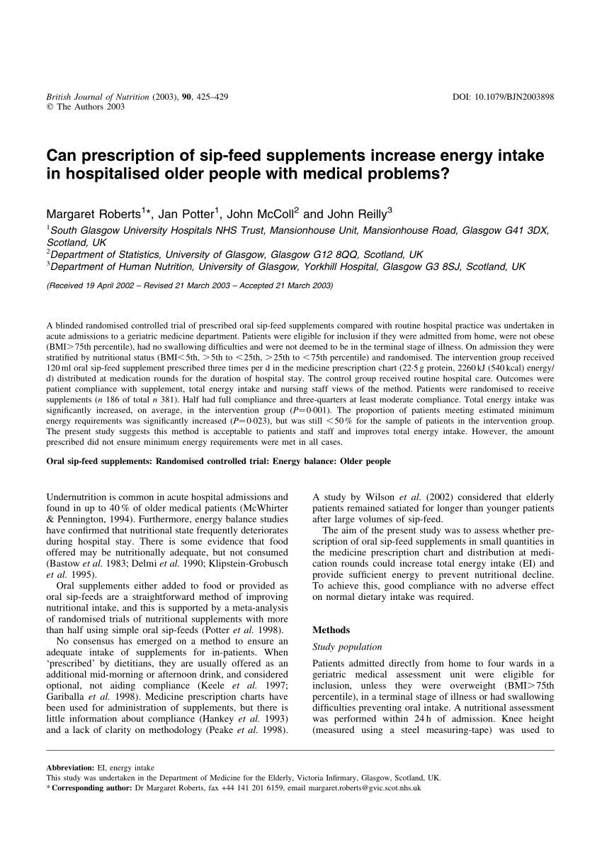 Pdf Can Prescription Of Sip Feed Supplements Increase Energy Intake In Hospitalised Older People With Medical Problems