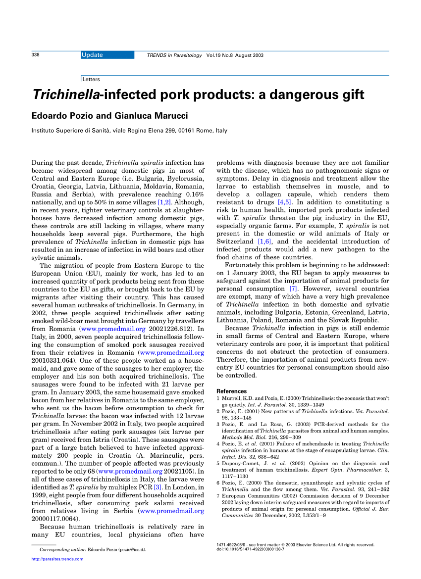 (PDF) Trichinellainfected pork products A dangerous gift [1]