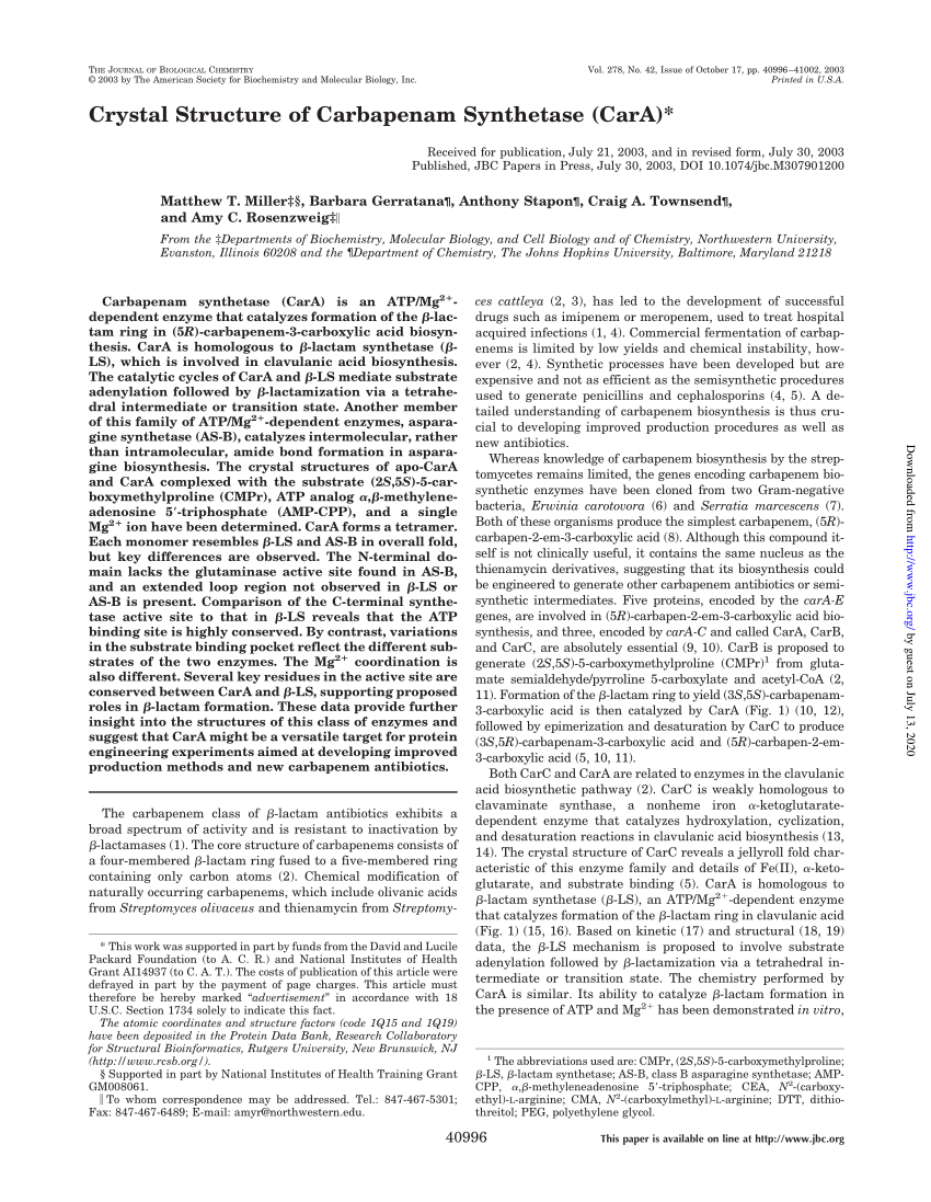 Pdf Crystal Structure Of Carbapenam Synthetase Cara