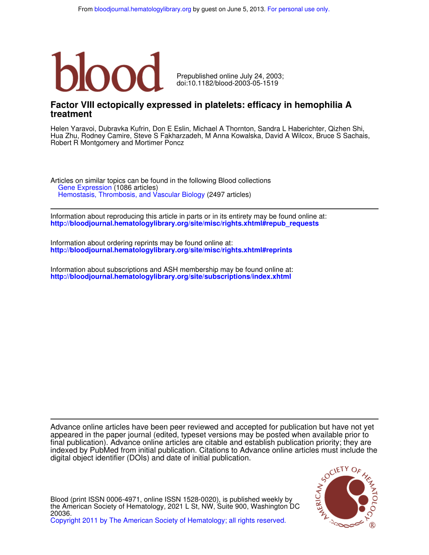 pdf) factor viii ectopically expressed in platelets: efficacy in