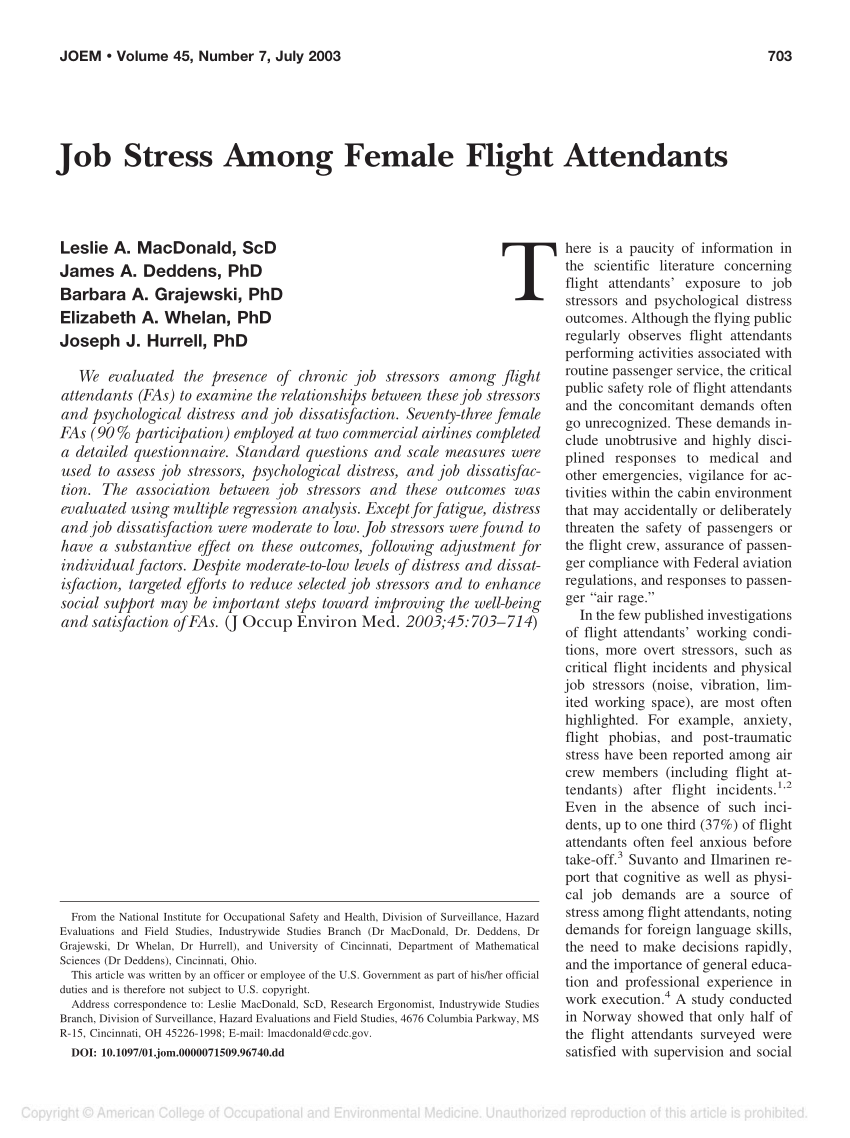 Pdf Job Stress Among Female Flight Attendants