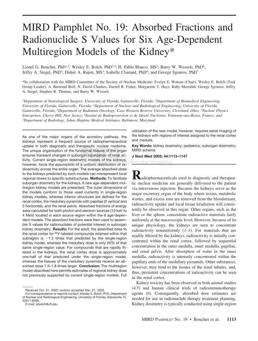PDF) MIRD Pamphlet No. 19: Absorbed Fractions and Radionuclide S Values for  Six Age-Dependent Multiregion Models of the Kidney