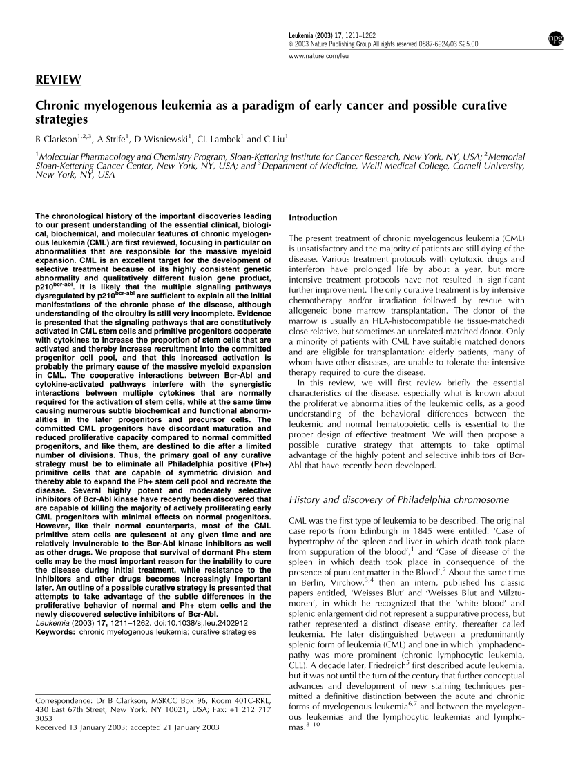 PDF) Chronic myelogenous leukemia as a paradigm of early cancer 