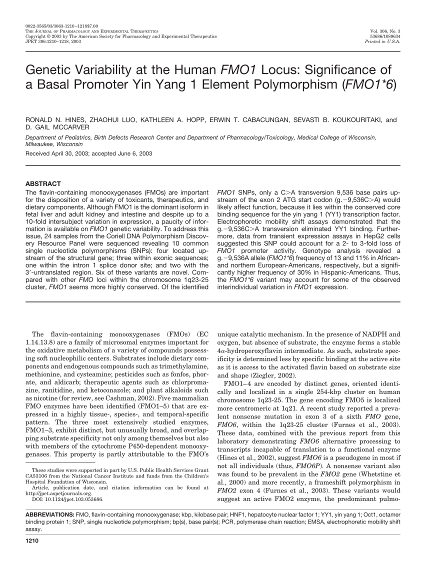 Pdf Genetic Variability At The Human Fmo1 Locus Significance Of A Basal Promoter Yin Yang 1 Element Polymorphism Fmo1 6