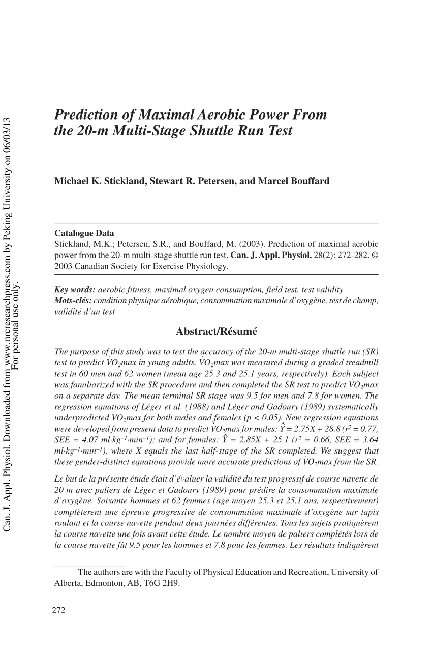 Pdf Prediction Of Maximal Aerobic Power From The 20 M Multi Stage