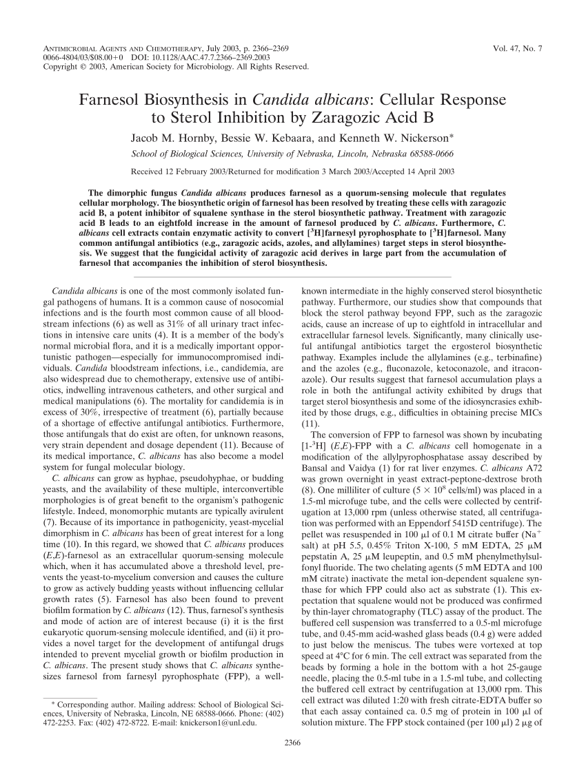 Pdf Farnesol Biosynthesis In Candida Albicans Cellular Response To Sterol Inhibition By 