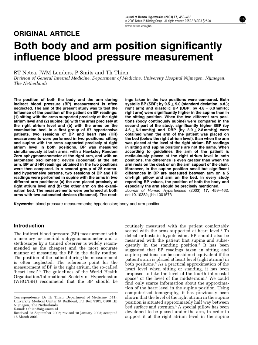 PDF) Both body and arm position significantly influence blood ...