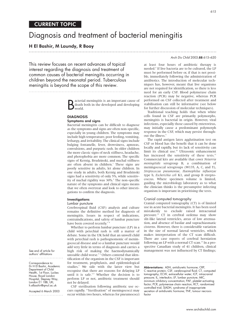 Pdf Diagnosis And Treatment Of Bacterial Meningitis