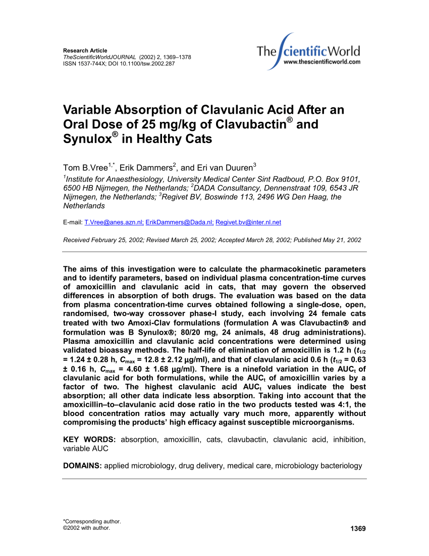 Pdf Variable Absorption Of Clavulanic Acid After An Oral Dose Of 25 Mg Kg Of Clavubactin And Synulox In Healthy Cats