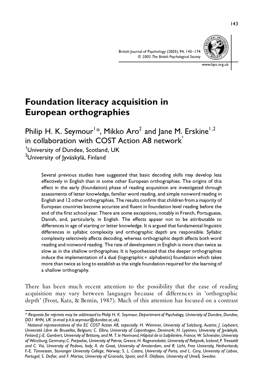 Pdf Foundation Literacy Acquisition In European Orthographies Electronic Version