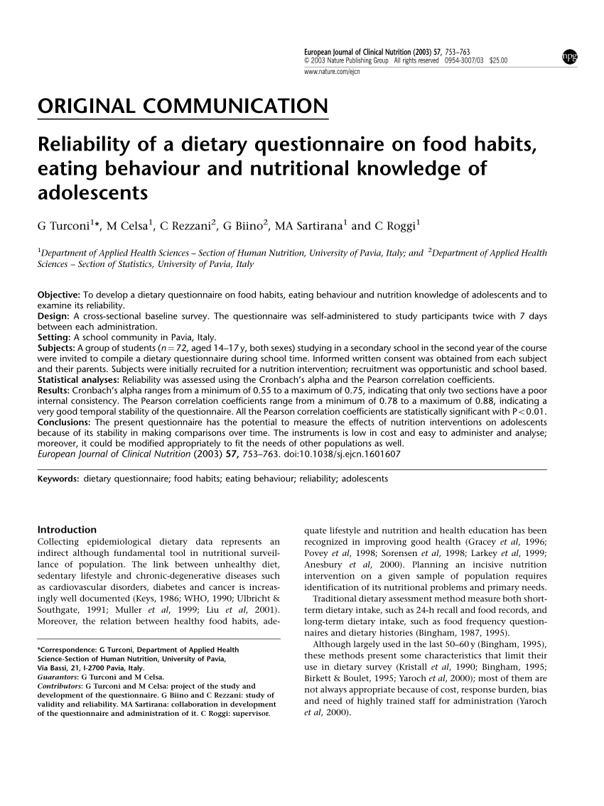 Reliability of a dietary questionnaire on food habits 