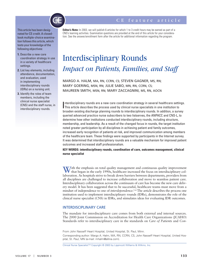 Pdf Interdisciplinary Rounds Impact On Patients Families And Staff