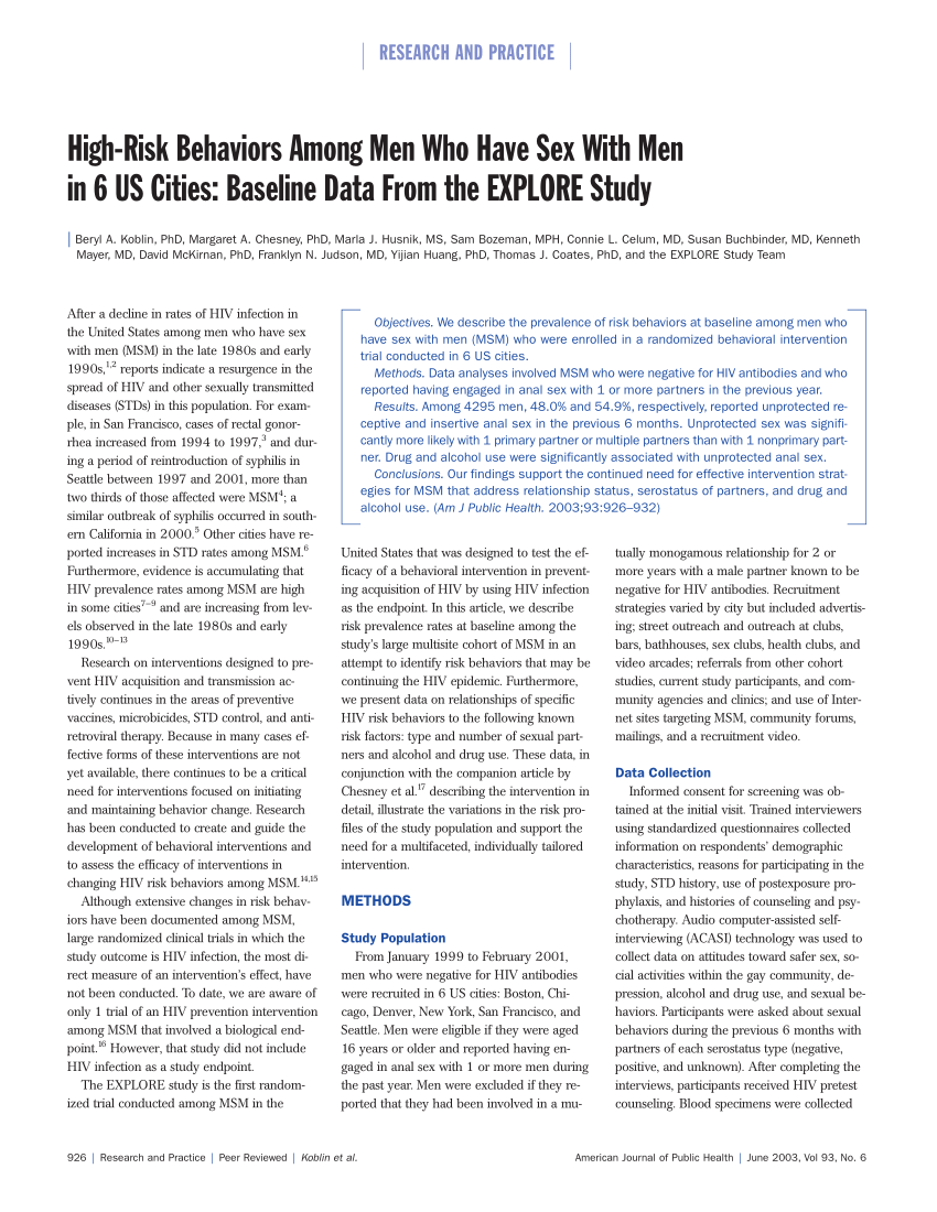 PDF) High-risk behaviors among men who have sex with men in 6 US cities:  baseline data from the EXPLORE Study