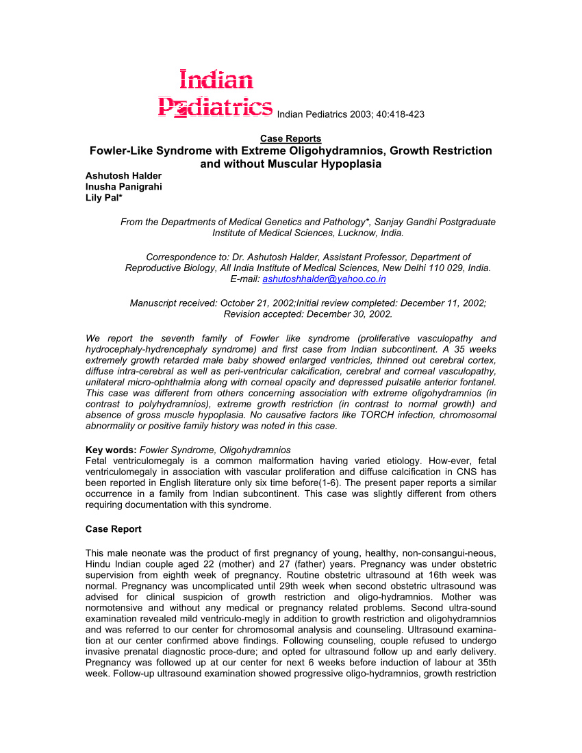 Pdf Fowler Like Syndrome With Extreme Oligohydramnios Growth Restriction And Without Muscular Hypoplasia