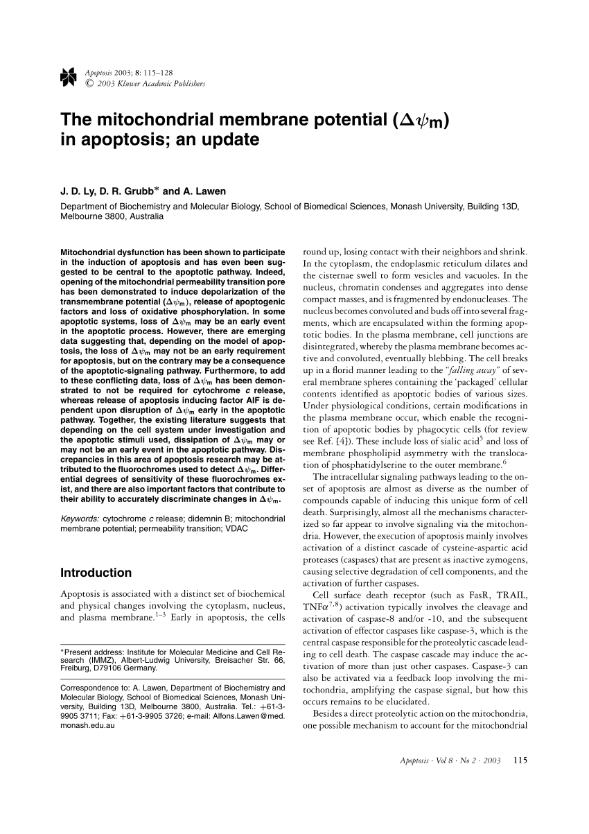 Pdf The Mitochondrial Membrane Potential Dpsm In Apoptosis An Update