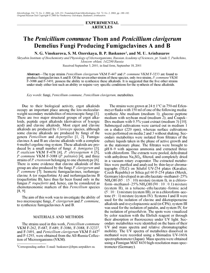 Pdf The Penicillium Commune Thom And Penicillium Clavigerum Demelius Fungi Fumigaclavines A And B Producers