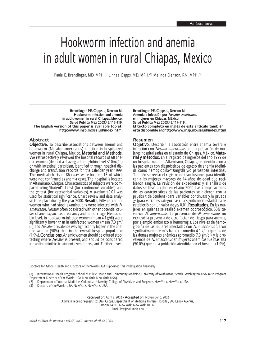 Pdf Hookworm Infection And Anemia In Adult Women In Rural Chiapas Mexico