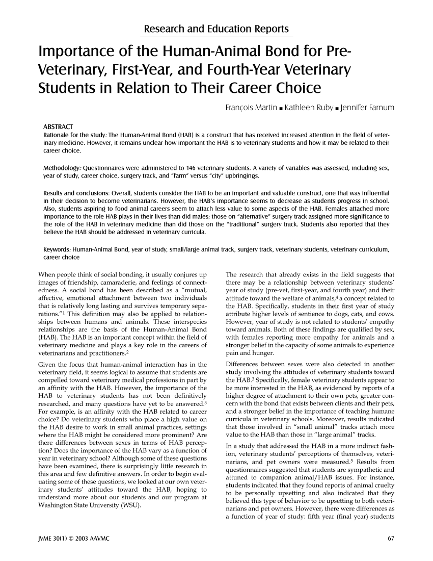 PDF) Importance of the Human-Animal Bond for Pre-Veterinary, First-Year,  and Fourth-Year Veterinary Students in Relation to Their Career Choice