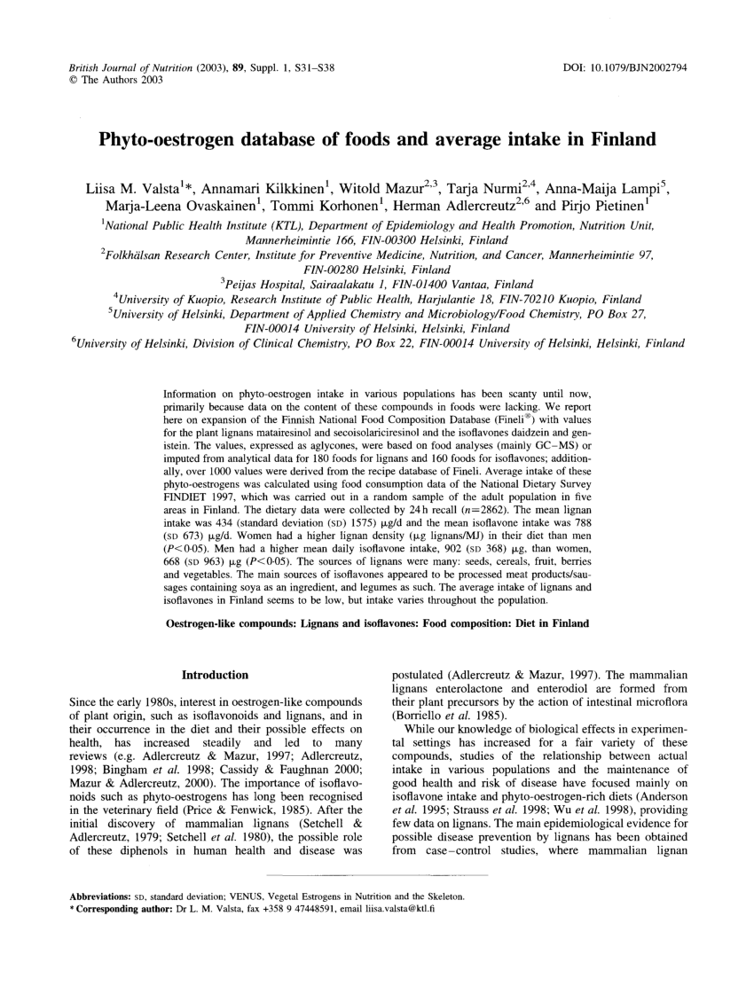 PDF Phyto oestrogen database of foods and average intake in Finland