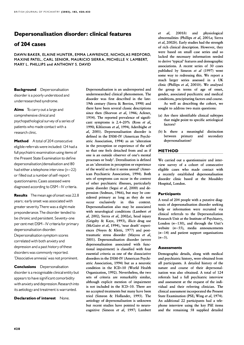 Pdf Depersonalisation Disorder Clinical Features Of 204 Cases