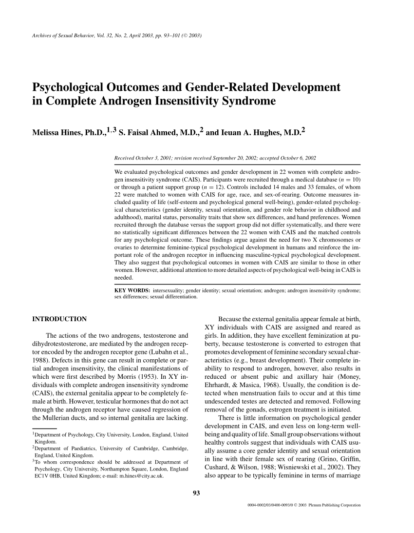 Pdf Psychological Outcomes And Gender Related Development In Complete Androgen Insensitivity