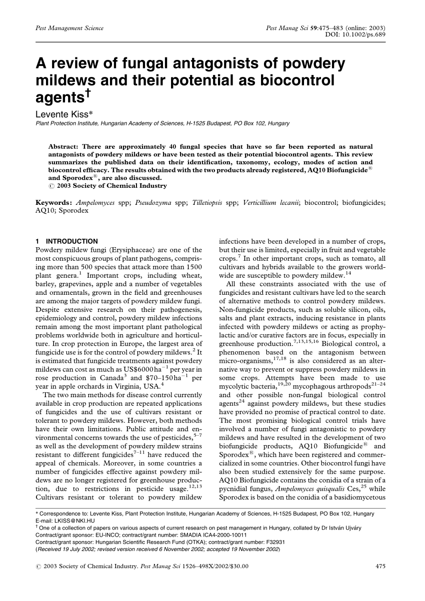 Pdf A Review Of Fungal Antagonists Of Powdery Mildews And Their