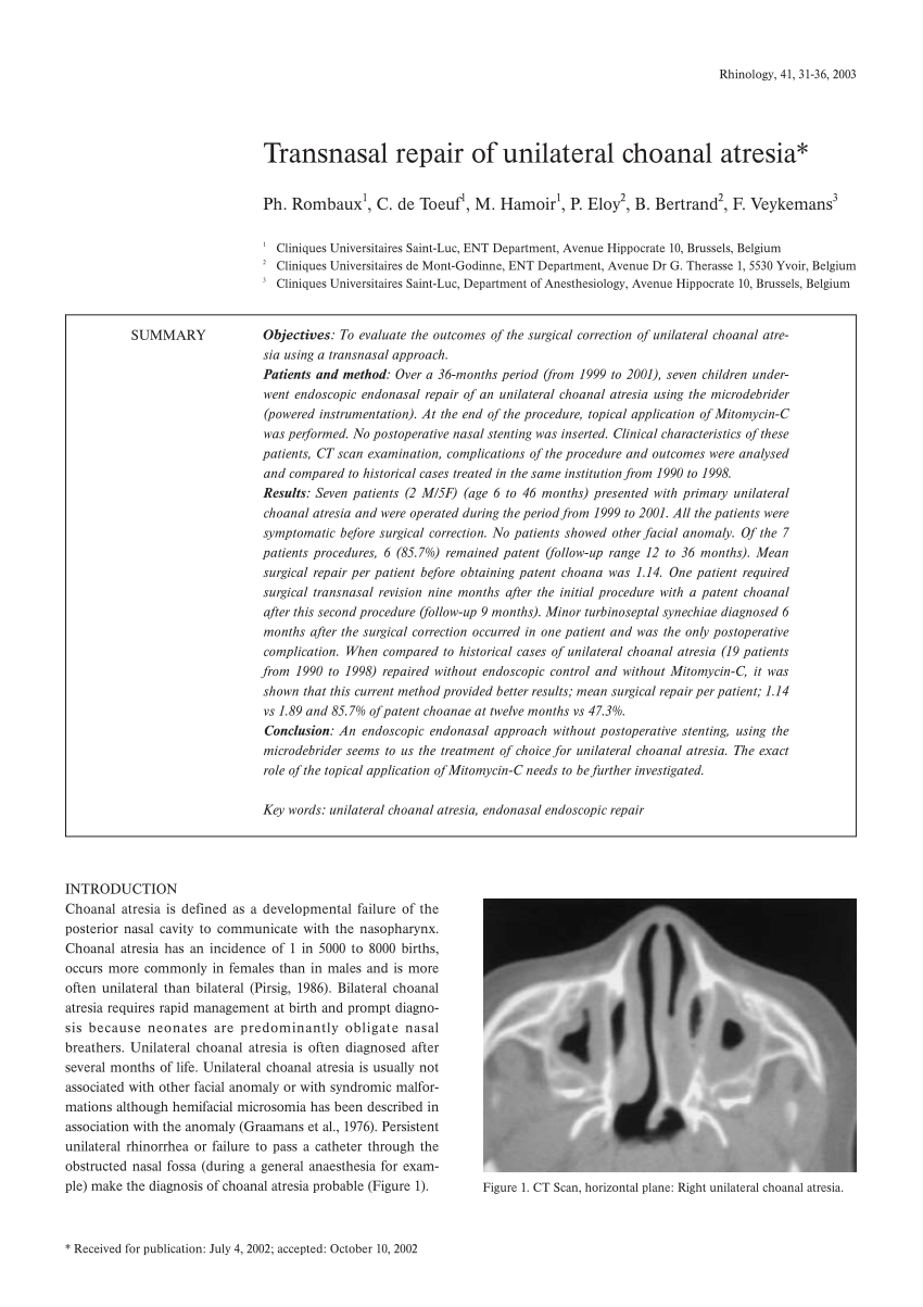 Pdf Transnasal Repair Of Unilateral Choanal Atresia 