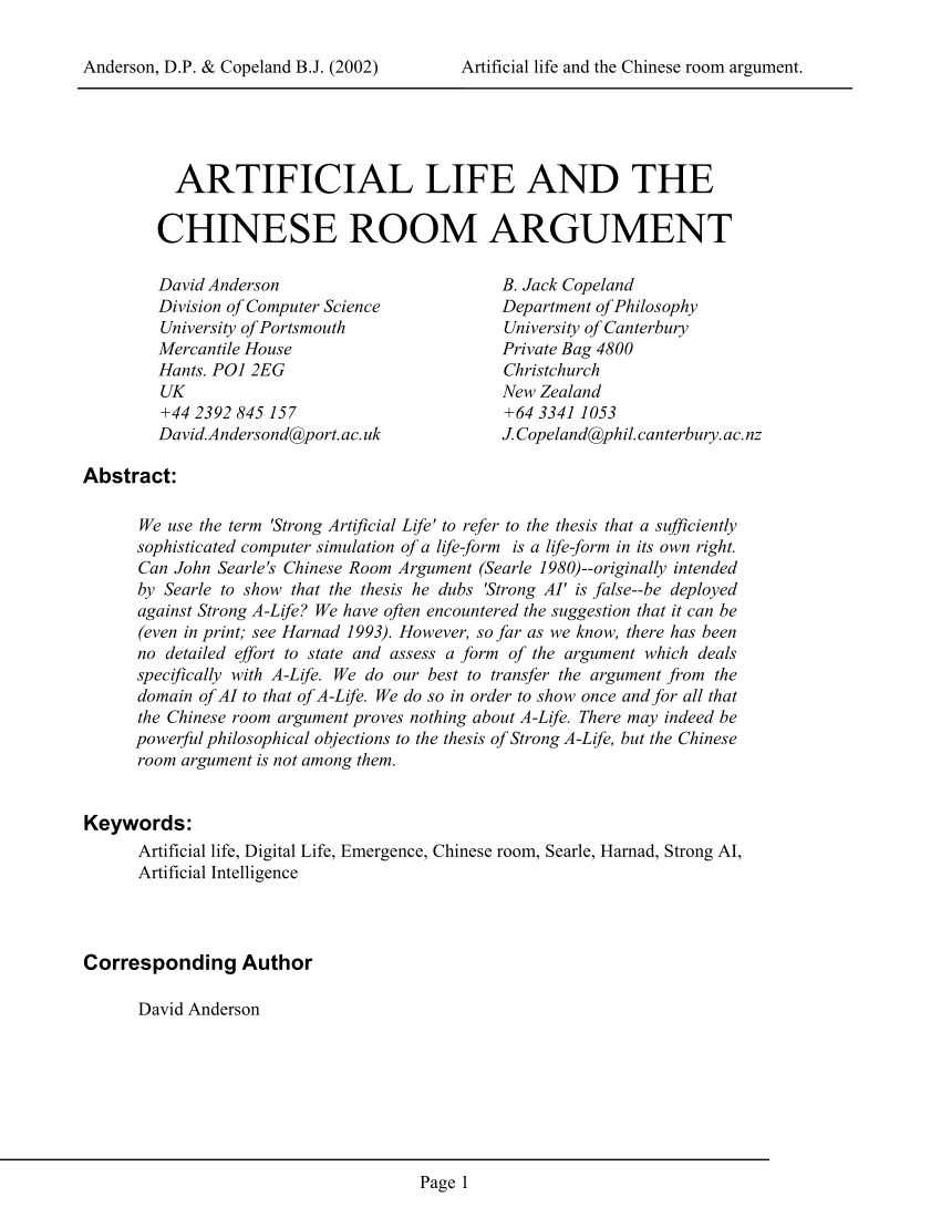 Pdf Artificial Life And The Chinese Room Argument