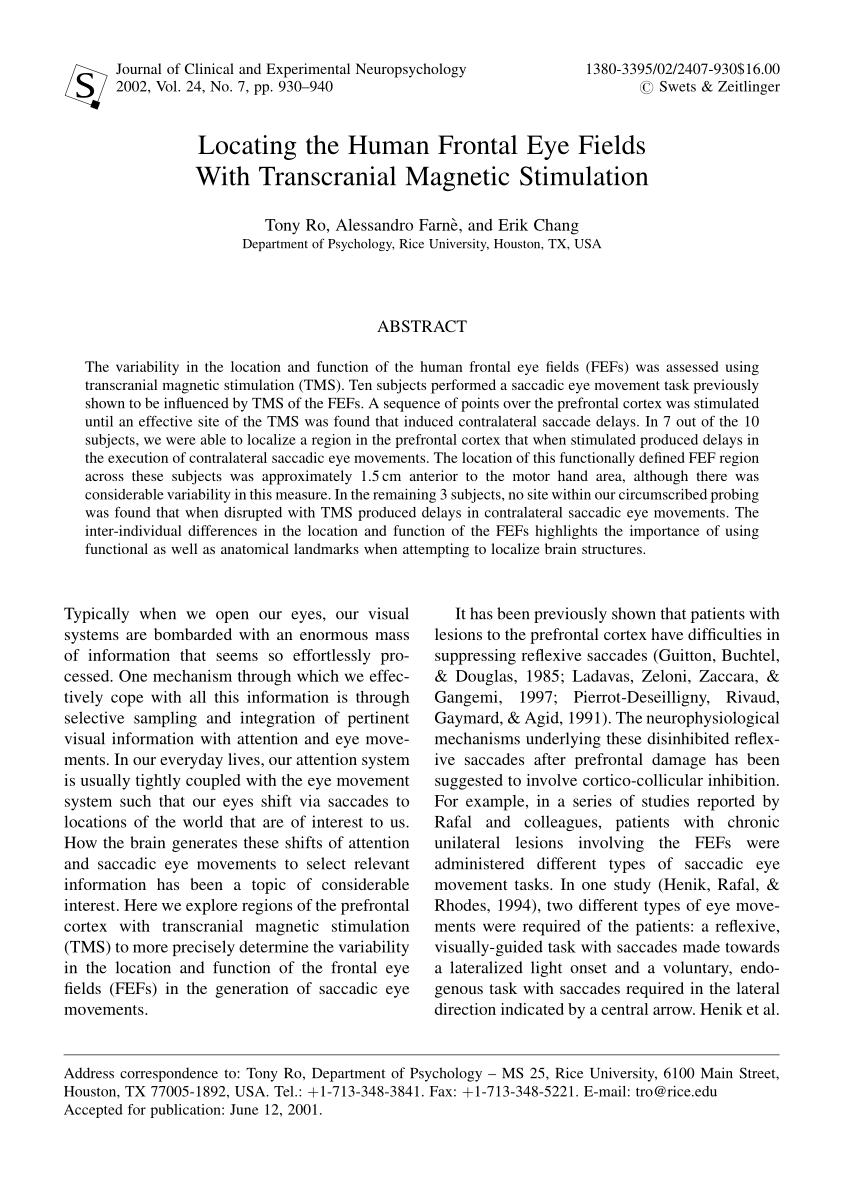 Pdf Locating The Human Frontal Eye Fields With Transcranial Magnetic Stimulation 8788