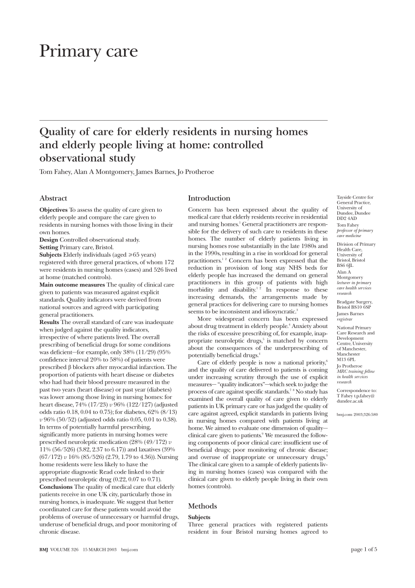 Pdf Quality Of Care For Elderly Residents In Nursing Homes And