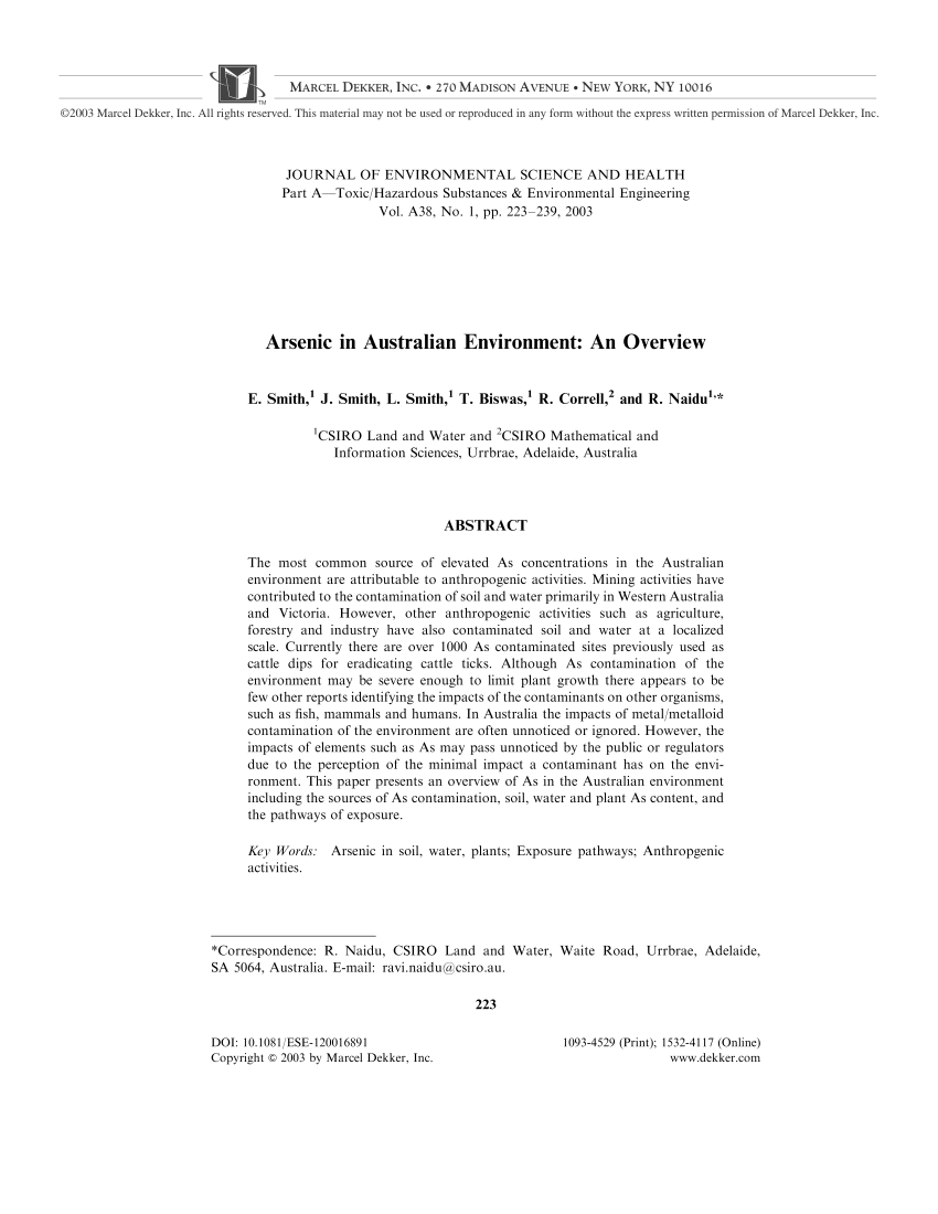 Pdf Arsenic In Australian Environment An Overview - 