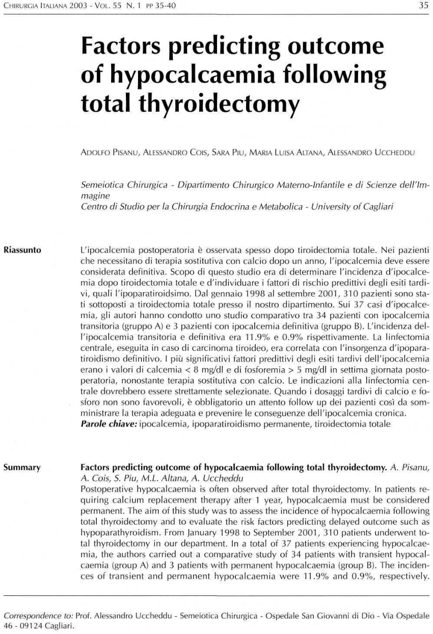 Pdf Factors Predicting Outcome Of Hypocalcaemia Following Total