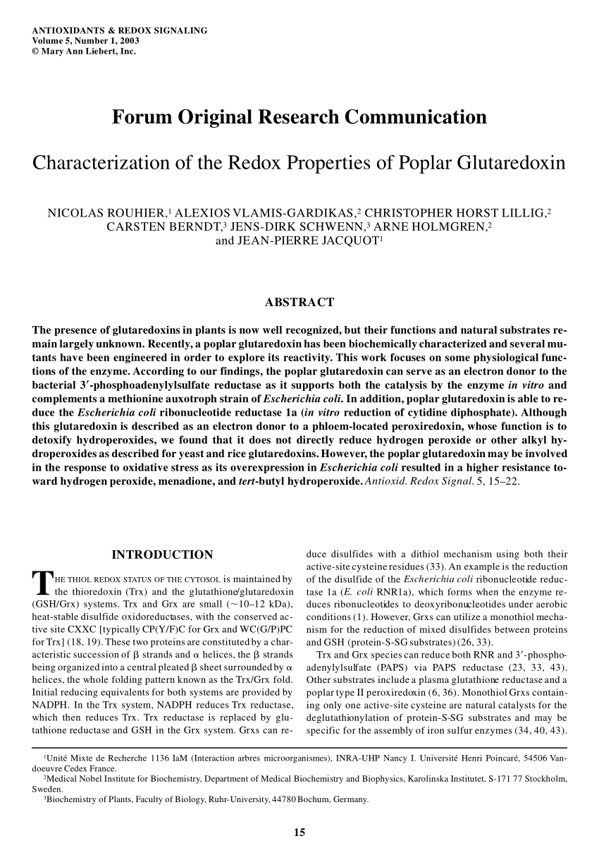 PDF) Characterization of the Redox Properties of Poplar Glutaredoxin