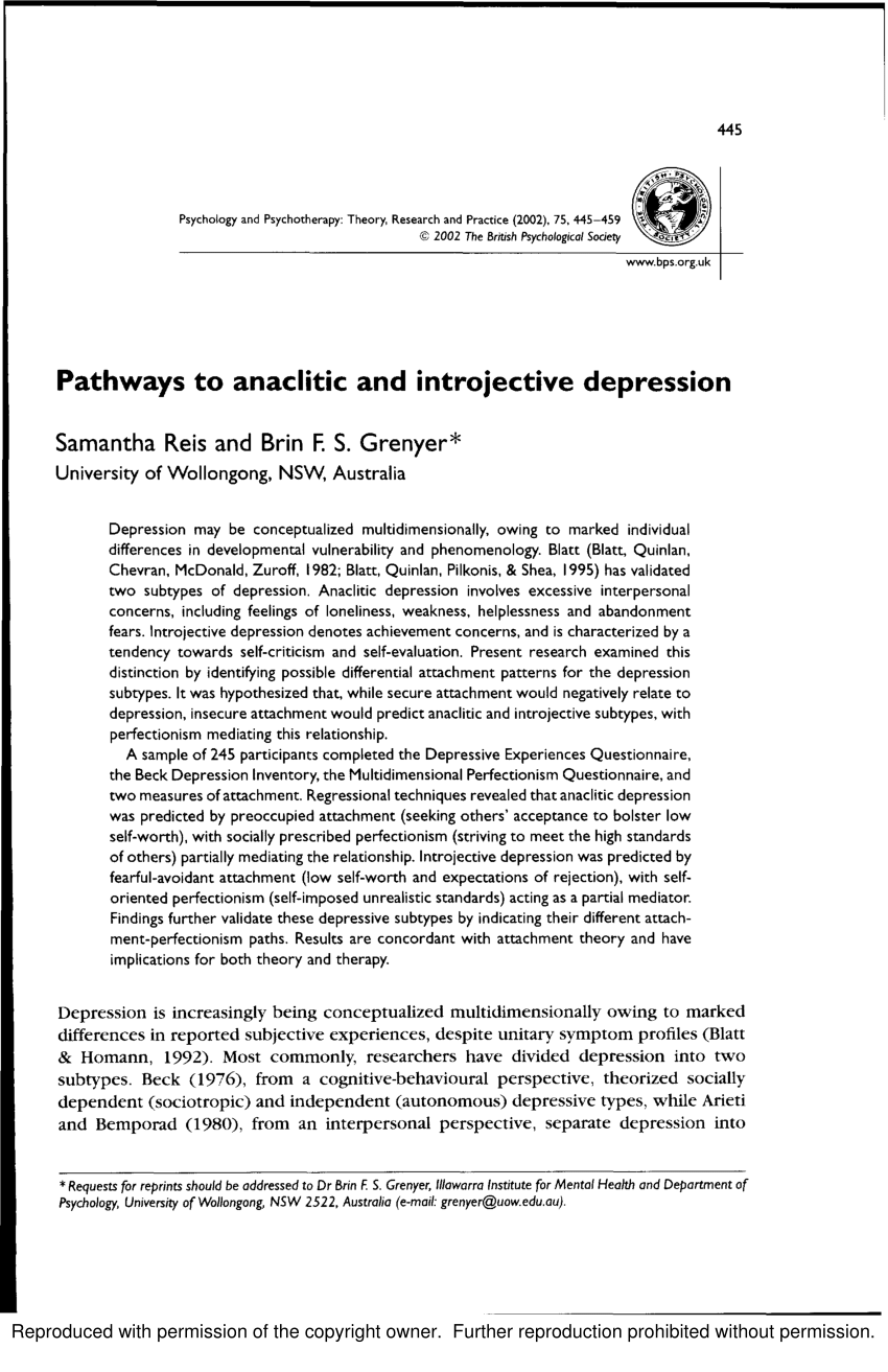 Pdf Pathways To Anaclitic And Introjective Depression