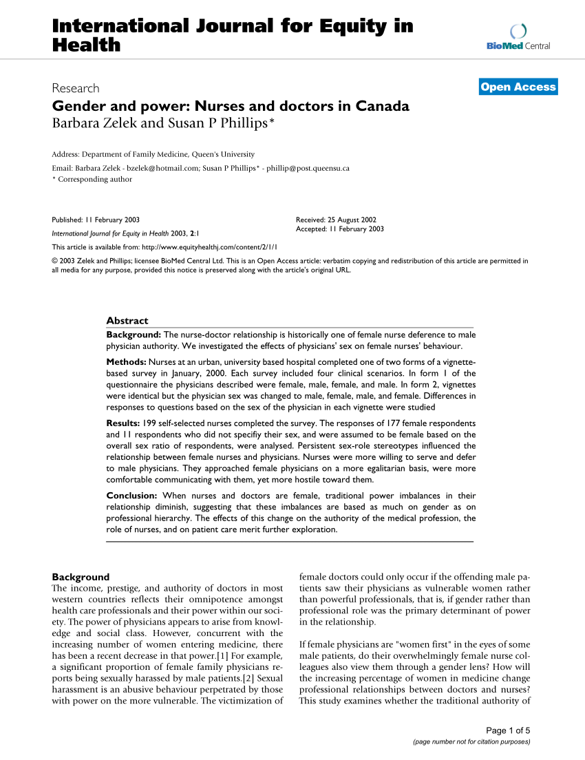 PDF) Gender and power: Nurses and doctors in Canada