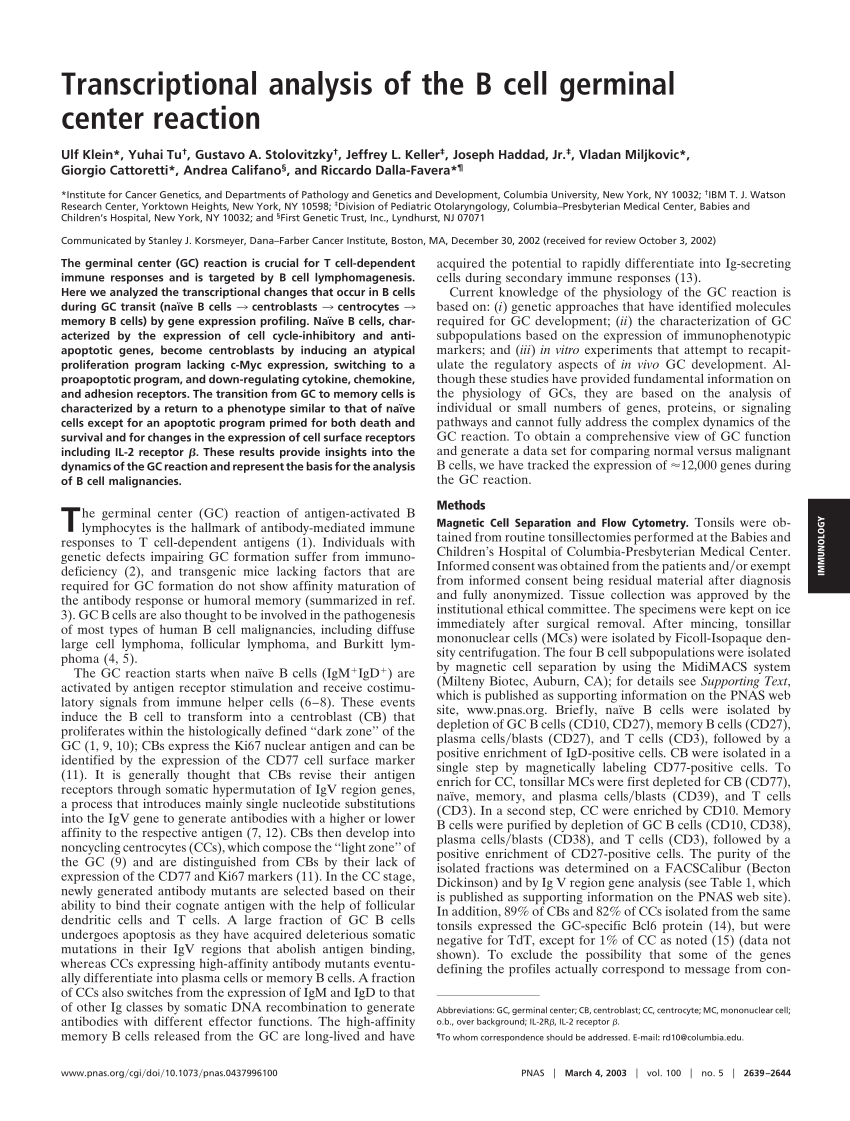 Pdf Transcriptional Analysis Of The B Cell Germinal Center Reaction