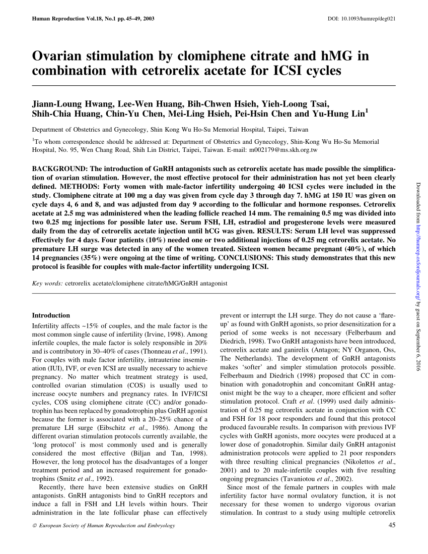 Pdf Ovarian Stimulation By Clomiphene Citrate And Hmg In Combination With Cetrorelix Acetate