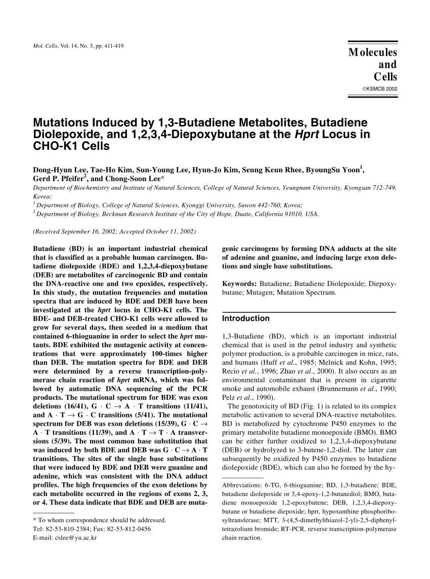 PDF) Mutations induced by 1,3-butadiene metabolites, butadiene diolepoxide, and the Hprt locus in CHO-K1 cells